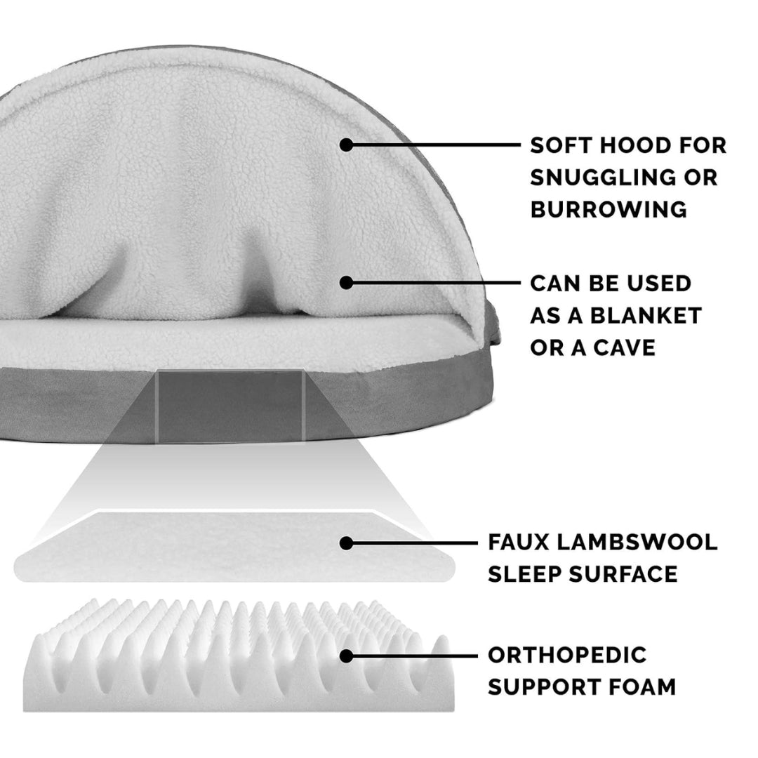 

Cozy dog bed with attached blanket and burrowing cave