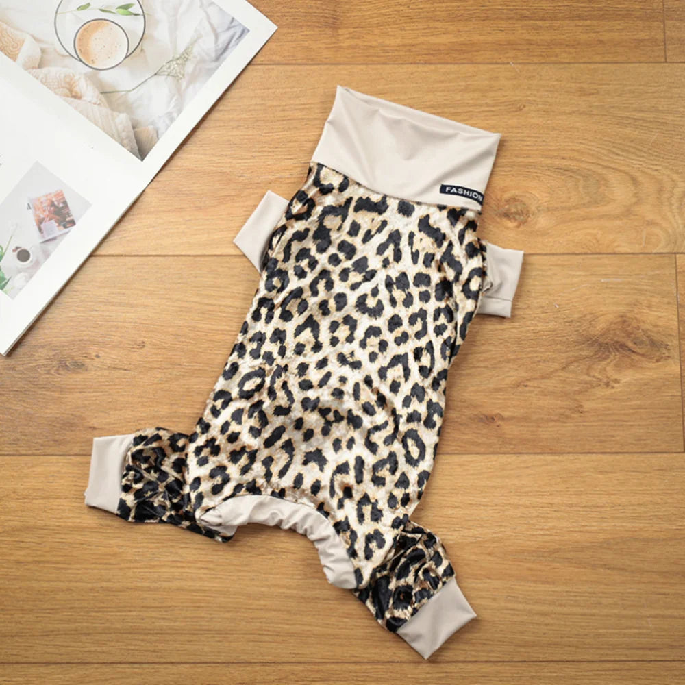 Leopard Print Dog Winter Pajamas – Soft Stretchable Anti-Shedding Pet Onesie for Small & Medium Dogs