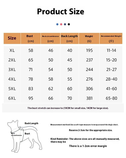 Product size chart for dog coats with measurements in centimeters and inches.