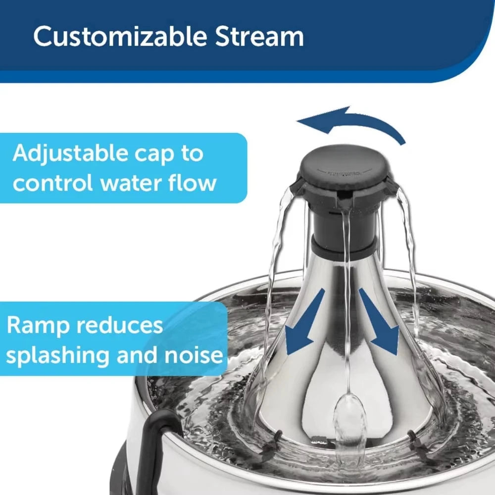 Stainless 360 Pet Fountain – 1 Gallon Water Dispenser for Dogs & Cats with Customizable Flow and Hair Filter