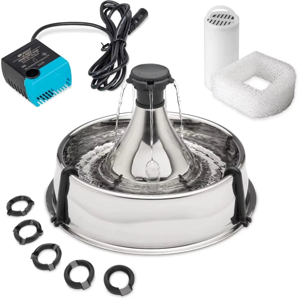 Stainless 360 Pet Fountain – 1 Gallon Water Dispenser for Dogs & Cats with Customizable Flow and Hair Filter