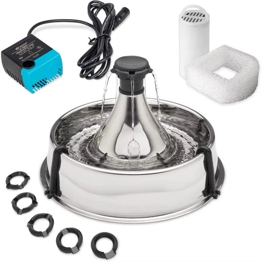 Stainless 360 Pet Fountain – 1 Gallon Water Dispenser for Dogs & Cats with Customizable Flow and Hair Filter