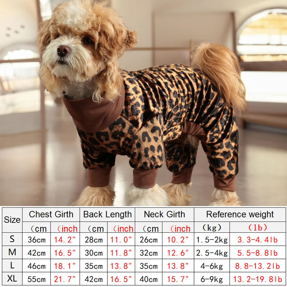 Dog wearing a leopard print outfit with size chart below