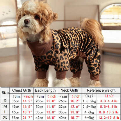 Dog wearing a leopard print outfit with size chart below