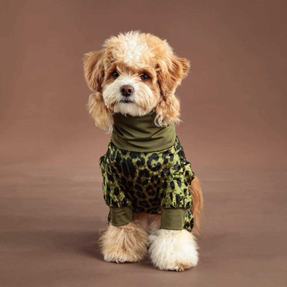 

Cute puppy wearing leopard pet jumpsuit