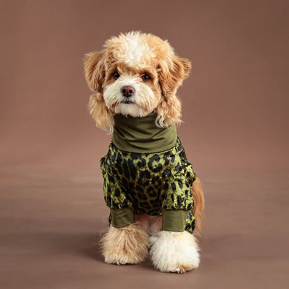 

Cute puppy wearing leopard pet jumpsuit